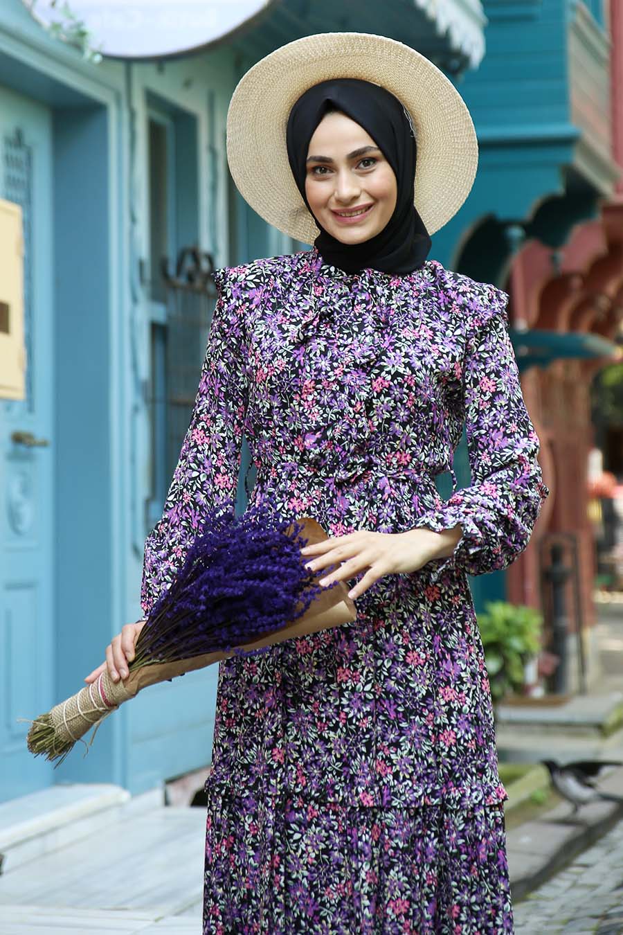 FLOWER PATTERNED PURPLE DRESS