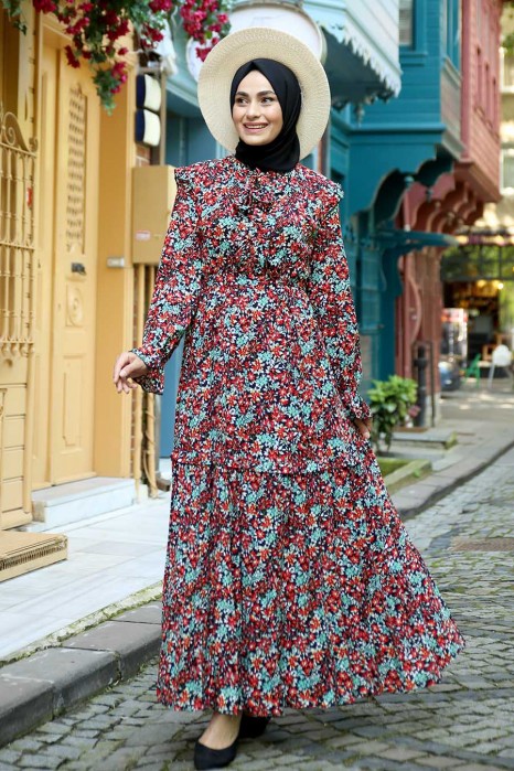 FLOWER PATTERNED RED DRESS