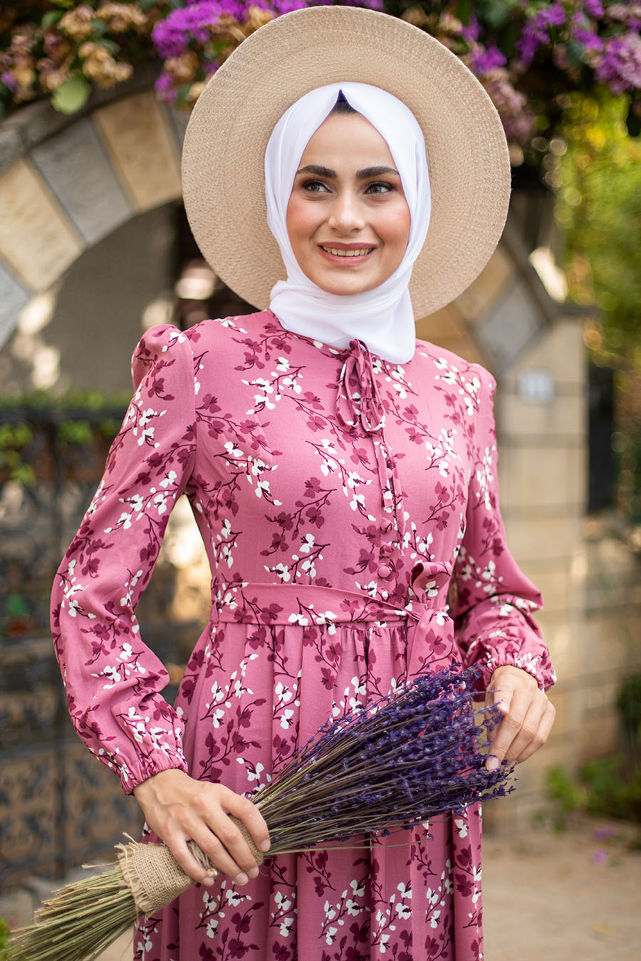 FLOWER PATTERNED ROSE COLOR DRESS
