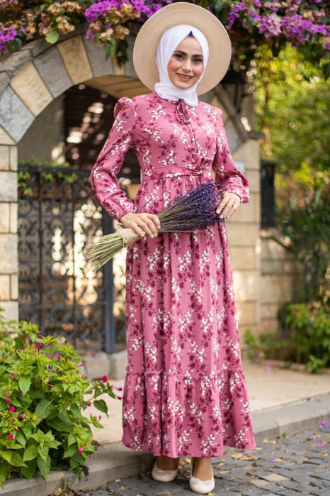 FLOWER PATTERNED ROSE COLOR DRESS