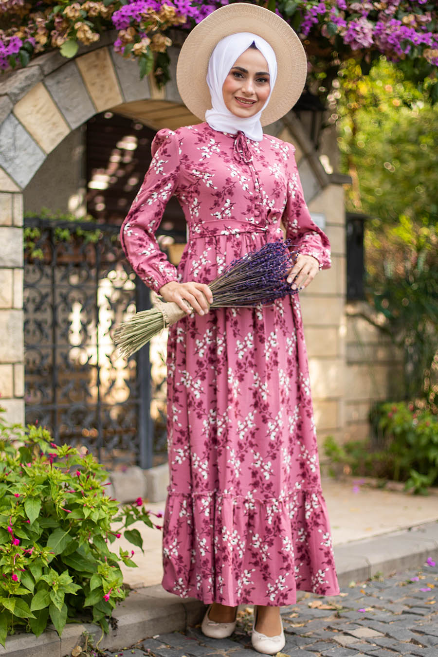 FLOWER PATTERNED ROSE COLOR DRESS