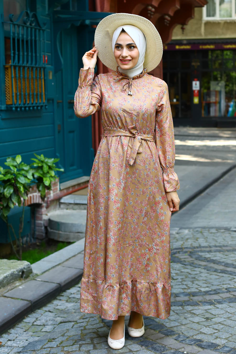 FLOWER PATTERNED TAN COLOR DRESS