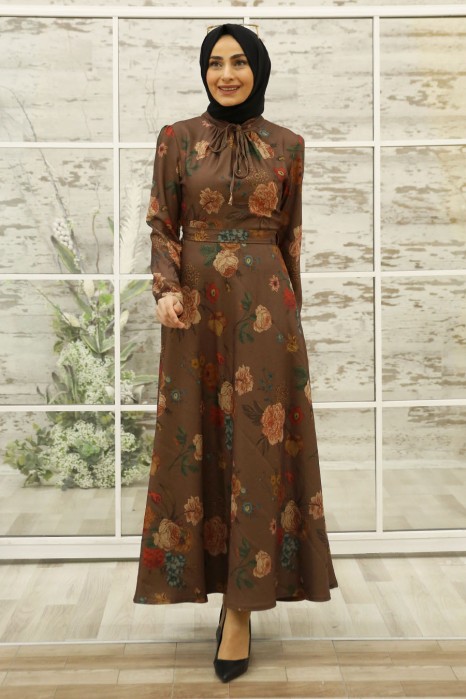 FLOWER PATTERNED TAN COLOR DRESS 