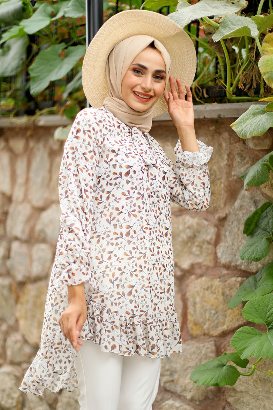 FLOWER PATTERNED TAN COLOR TUNIC  FLOWER PATTERNED TAN COLOR TUNIC