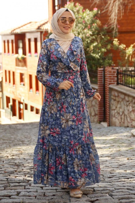 FLOWER PATTERNED DRESS - INDIGO COLOR 