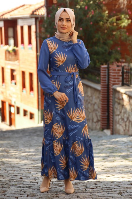 FLOWER PATTERNED DRESS - INDIGO COLOR  