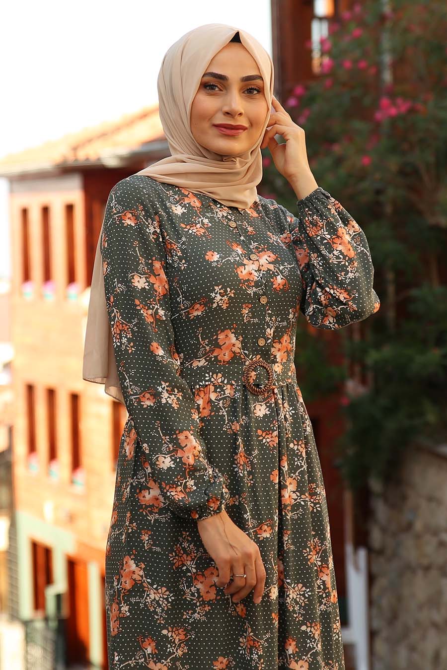 FLOWER PATTERNED DRESS - KHAKI