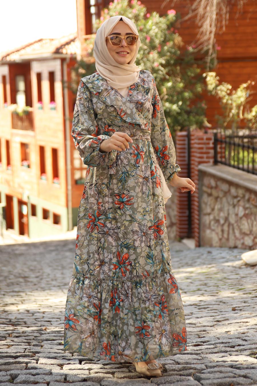 FLOWER PATTERNED DRESS - KHAKI 