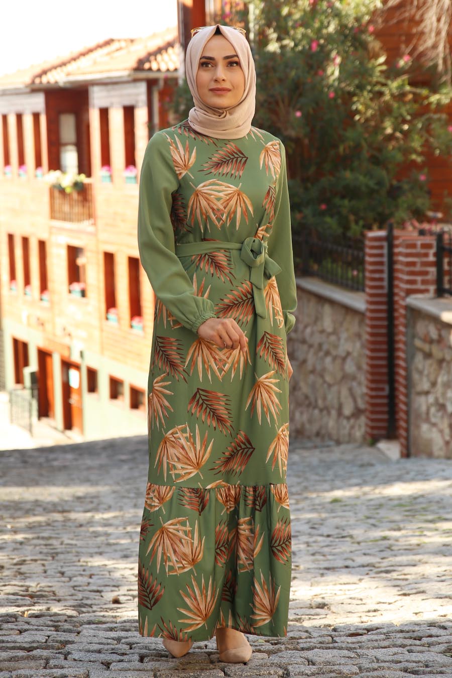 FLOWER PATTERNED DRESS - KHAKI 