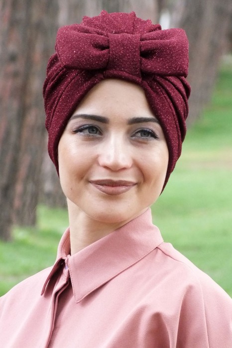 GLITTERY  BOW INSTANT HIJAB - CLARET RED