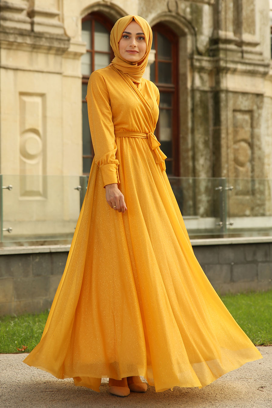 mustard evening dress
