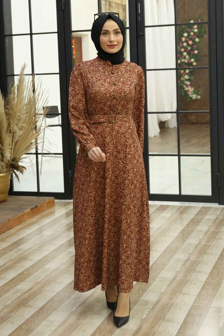 PATTERNED CLARET RED DRESS 