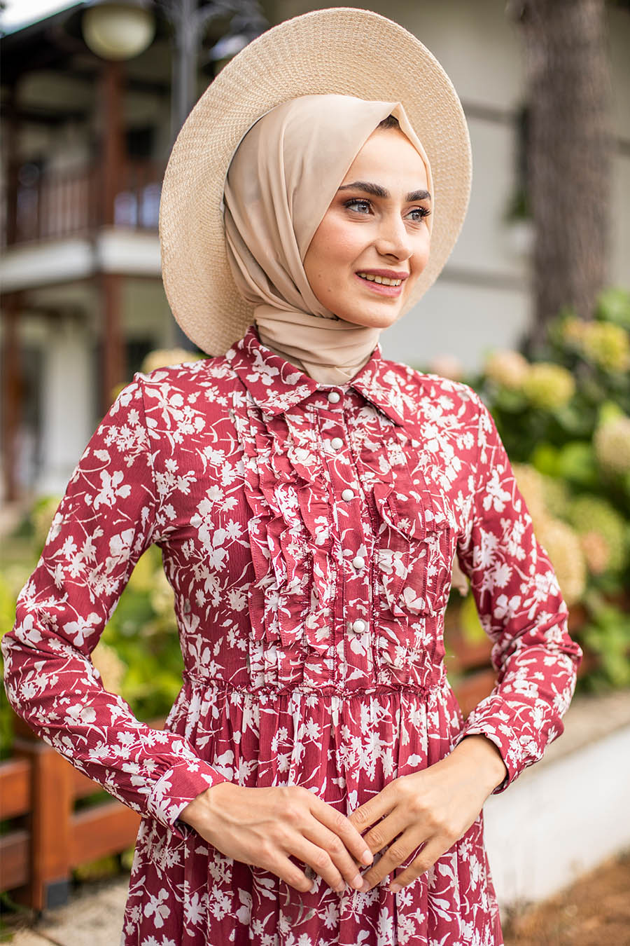 PATTERNED CLARET RED DRESS