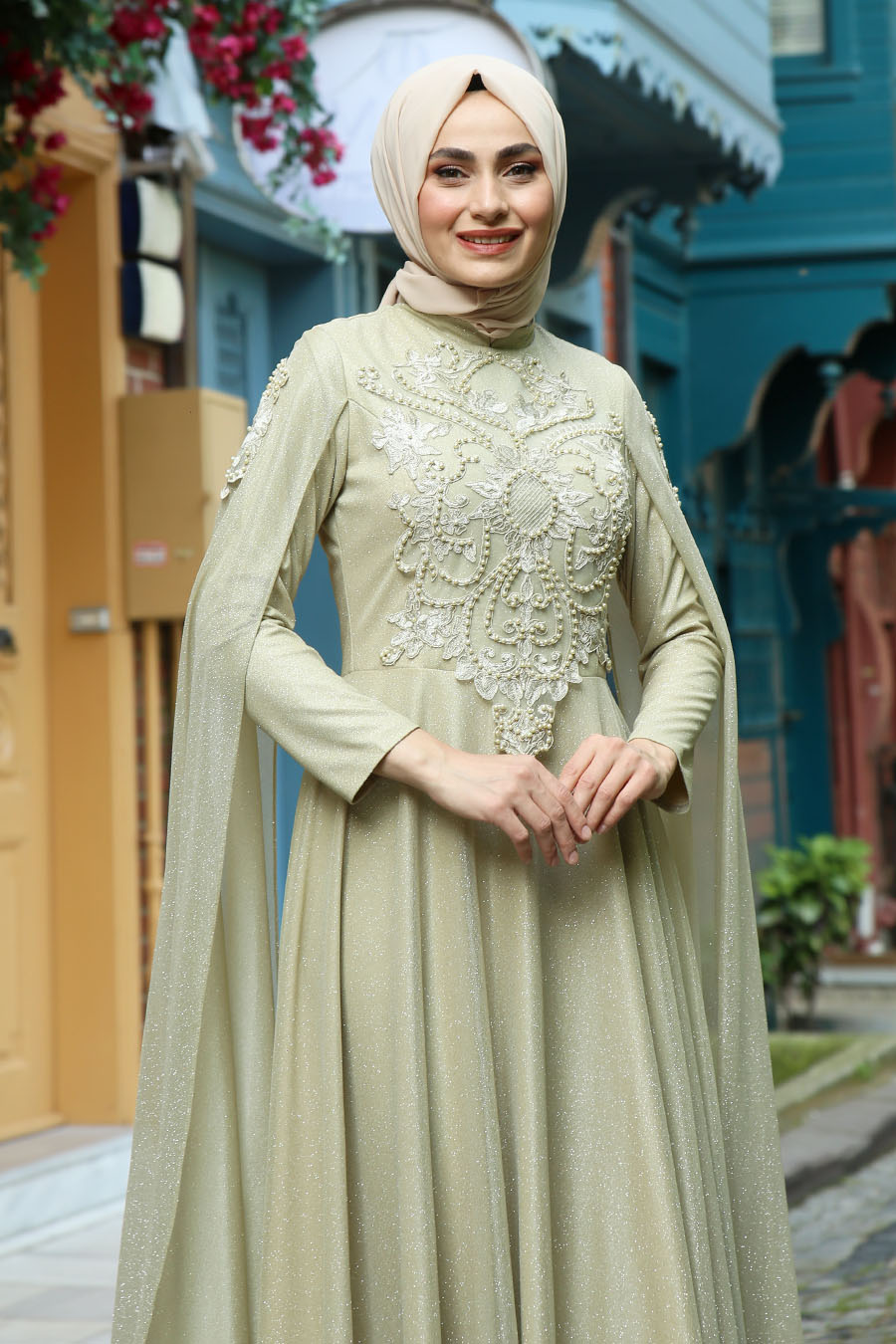 PEARL DETAILED BEIGE EVENING DRESS