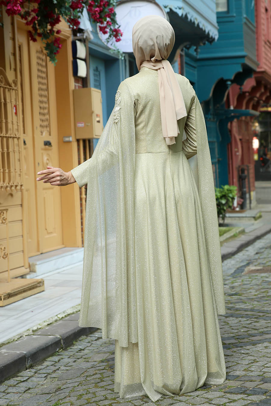 PEARL DETAILED BEIGE EVENING DRESS