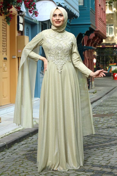 PEARL DETAILED BEIGE EVENING DRESS