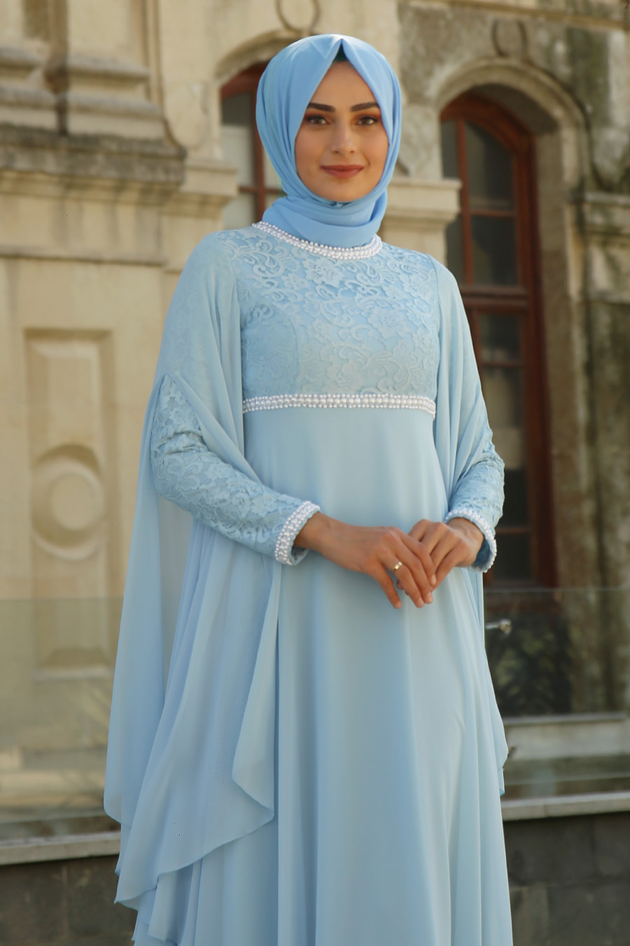 PEARL DETAILED EVENING DRESS - BABY BLUE 