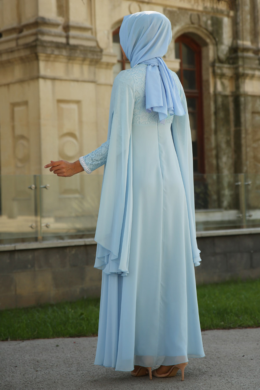 PEARL DETAILED EVENING DRESS - BABY BLUE 
