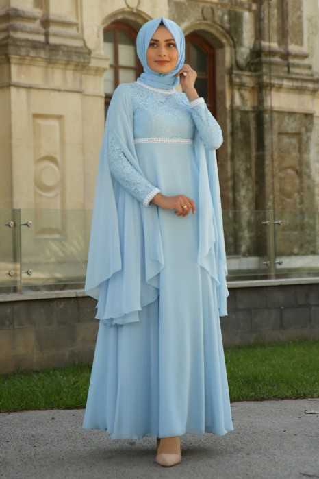 PEARL DETAILED EVENING DRESS - BABY BLUE 