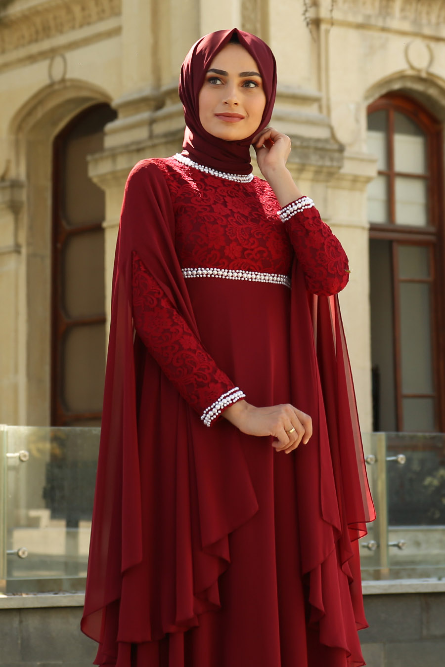 PEARL DETAILED EVENING DRESS - CLARET RED 