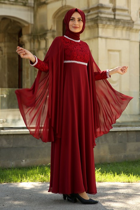 PEARL DETAILED EVENING DRESS - CLARET RED 