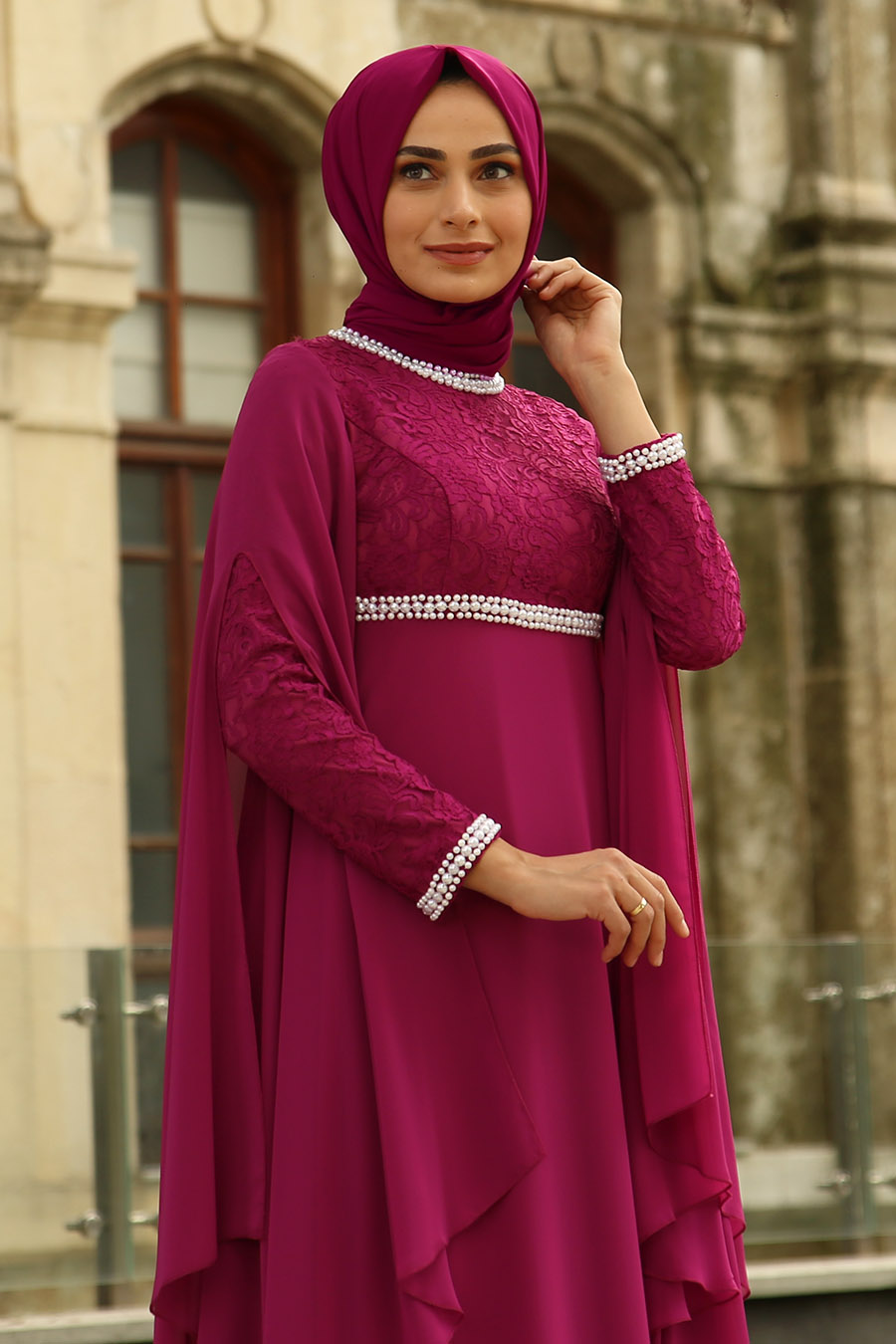 PEARL DETAILED EVENING DRESS - FUCHIA 