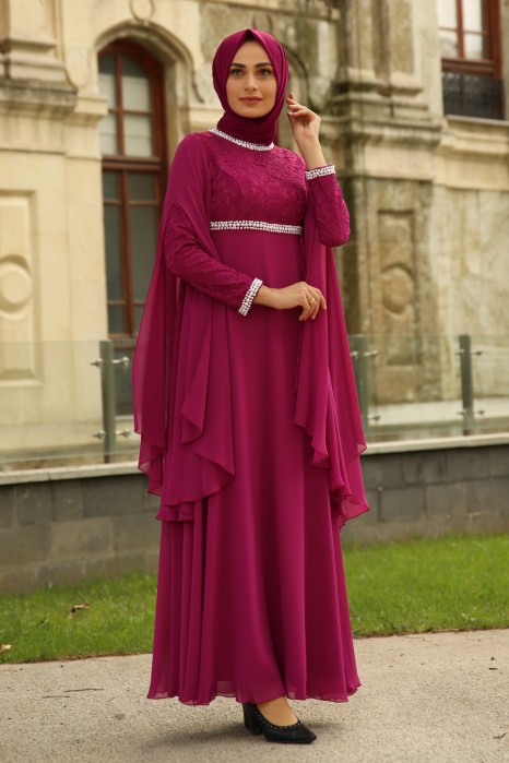 PEARL DETAILED EVENING DRESS - FUCHIA 