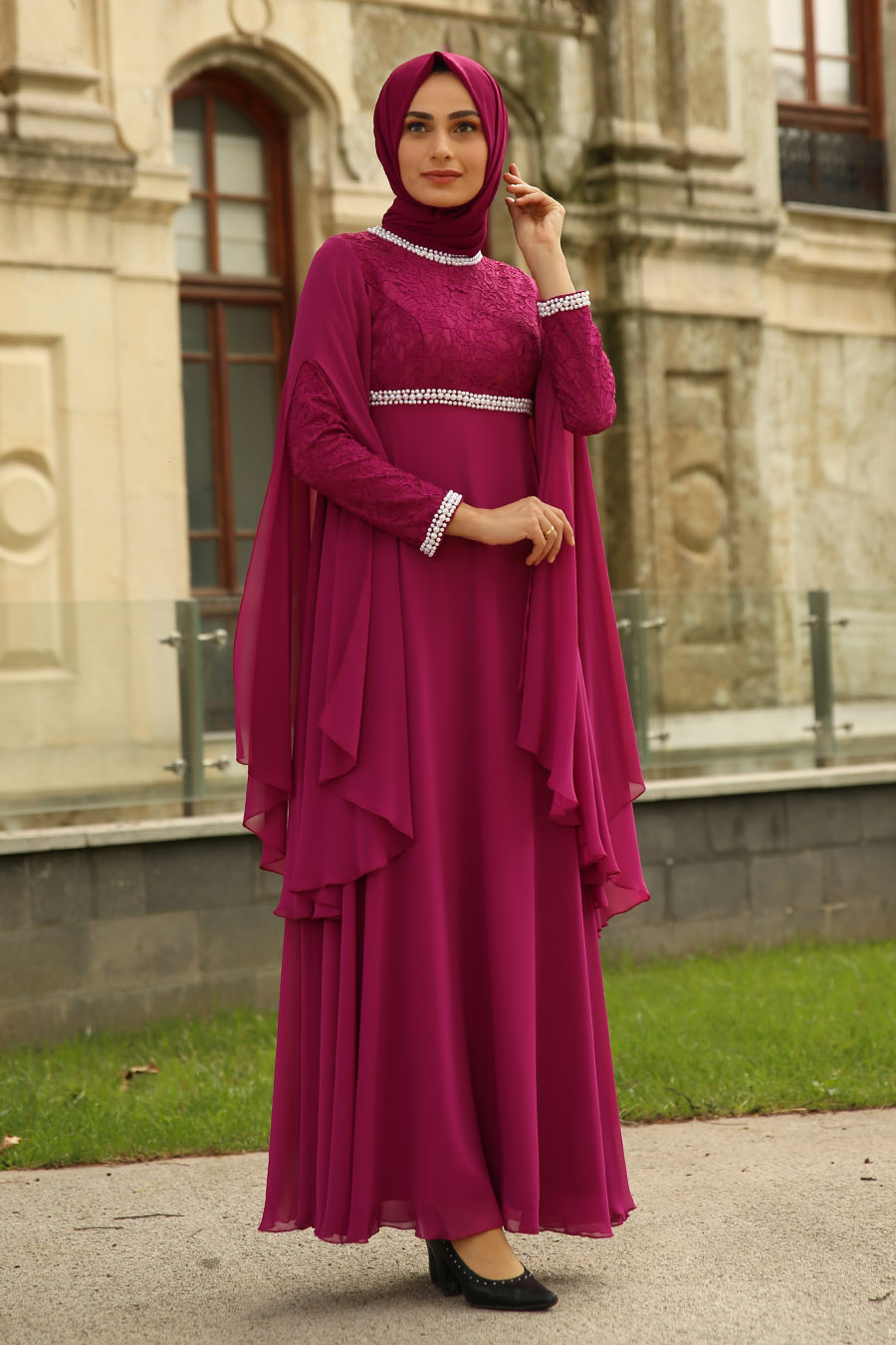 PEARL DETAILED EVENING DRESS - FUCHIA 