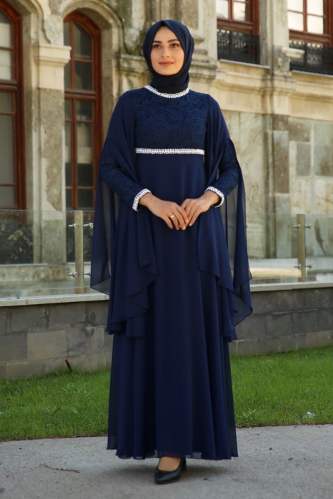 PEARL DETAILED EVENING DRESS - NAVY BLUE 