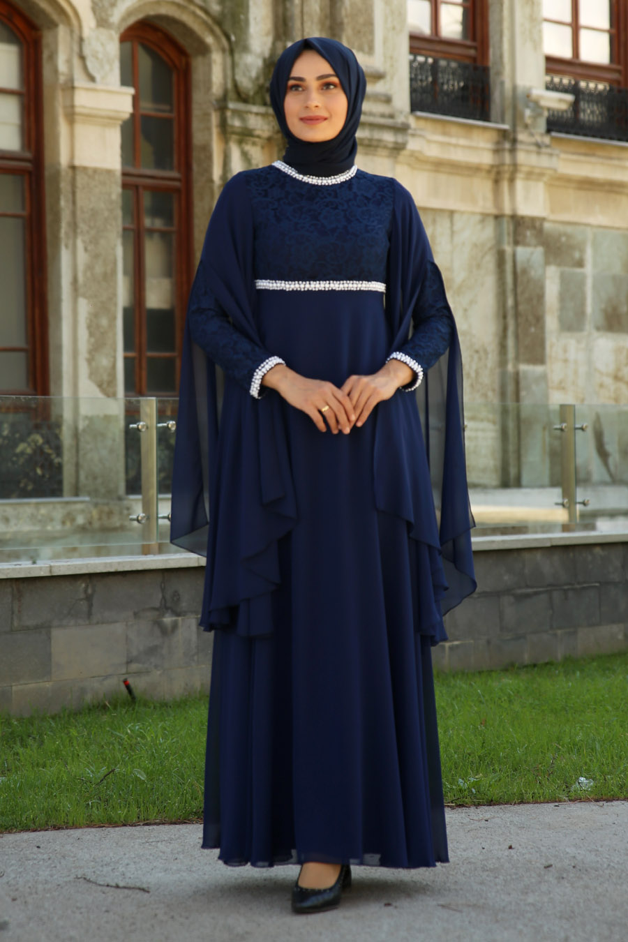 PEARL DETAILED EVENING DRESS - NAVY BLUE 