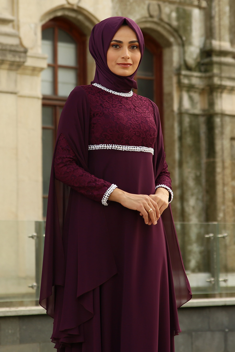 PEARL DETAILED EVENING DRESS - PLUM