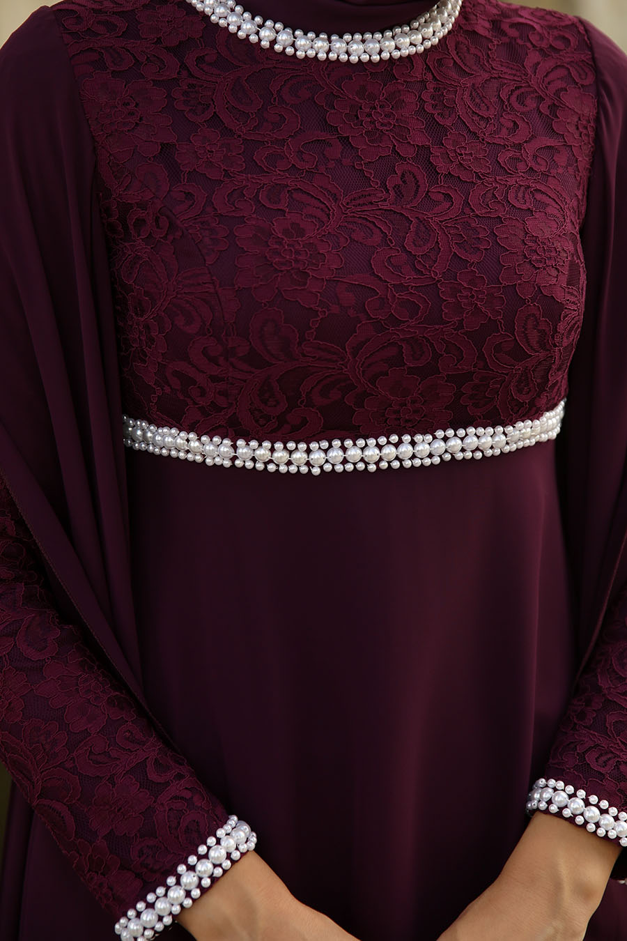 PEARL DETAILED EVENING DRESS - PLUM