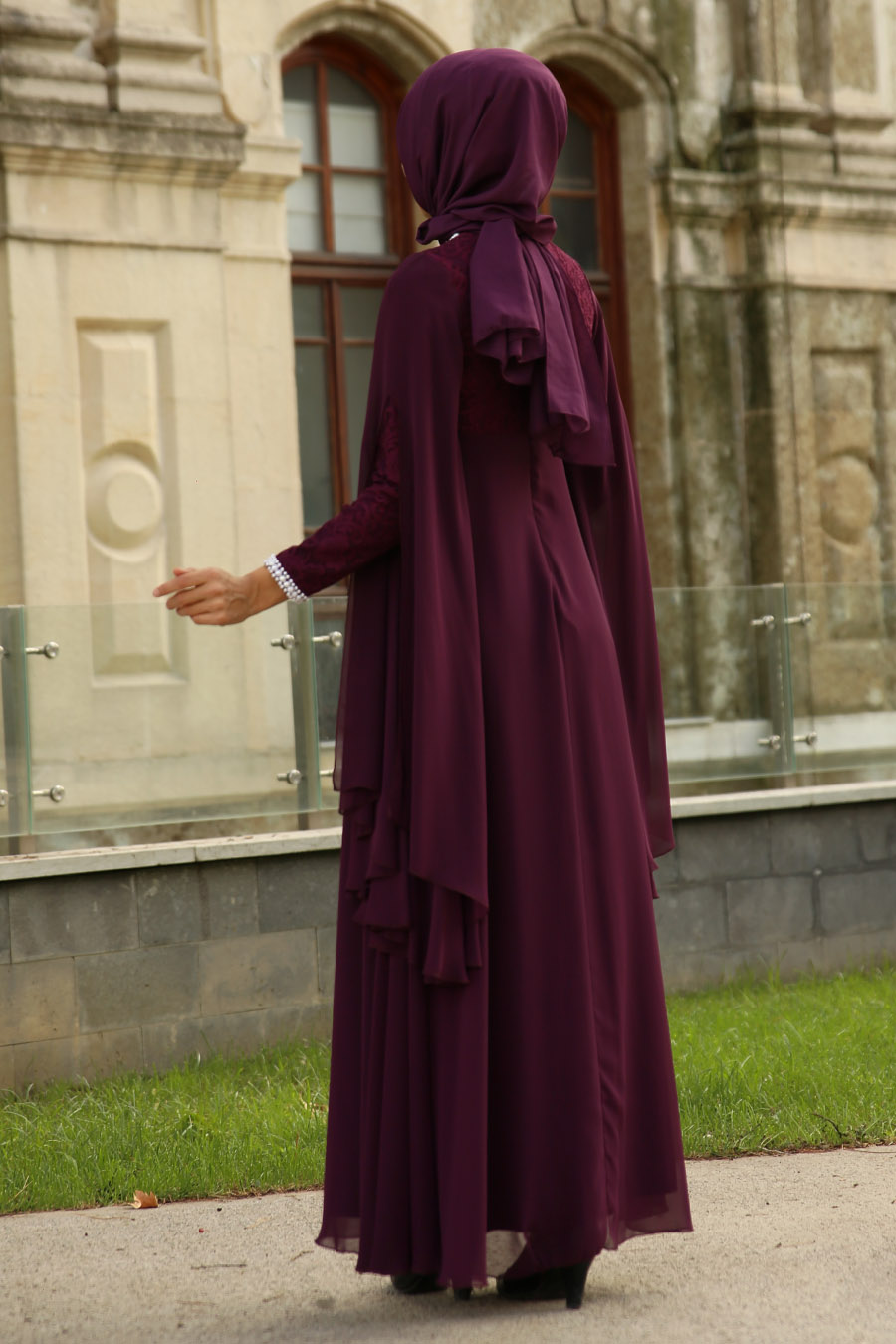 PEARL DETAILED EVENING DRESS - PLUM