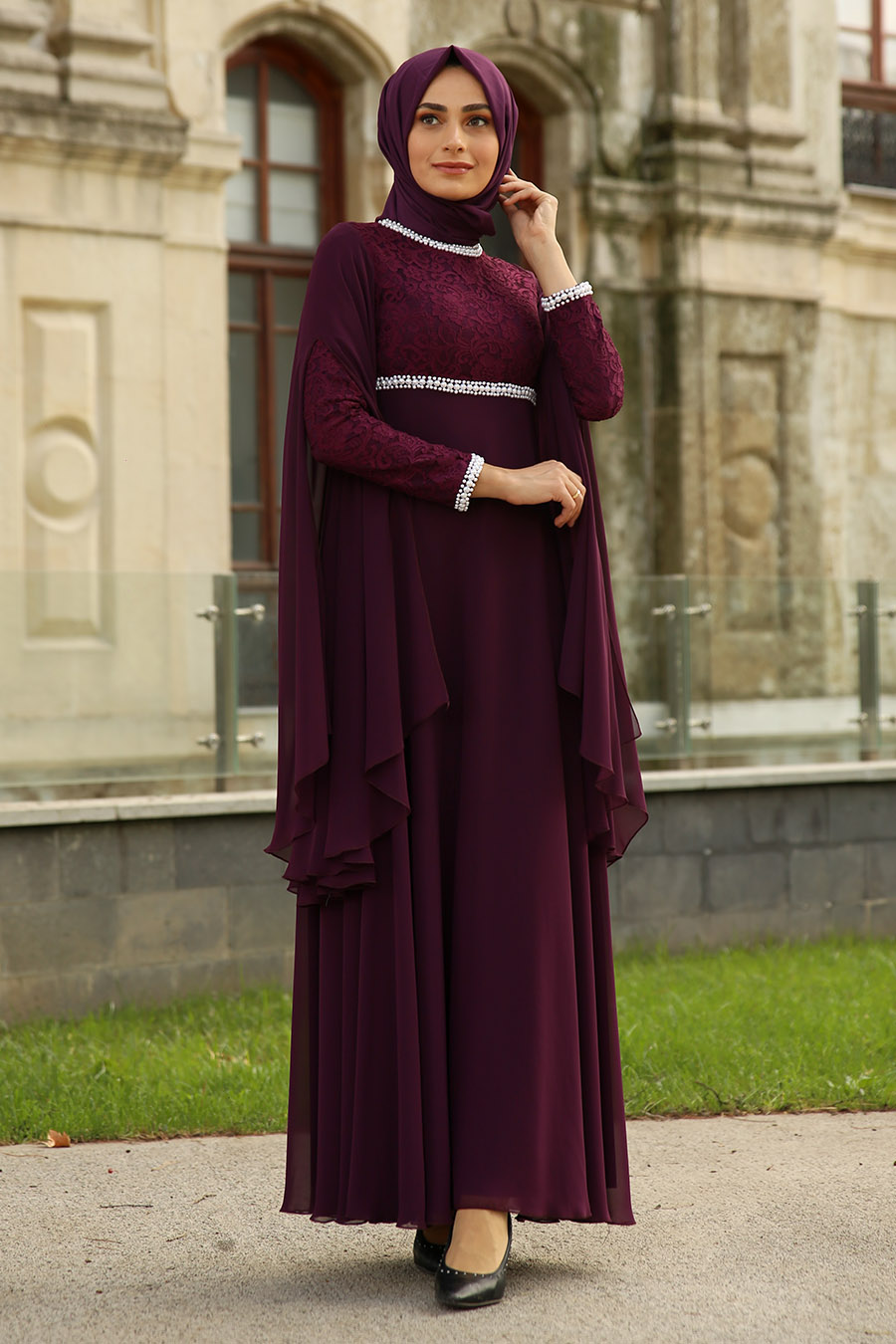 PEARL DETAILED EVENING DRESS - PLUM