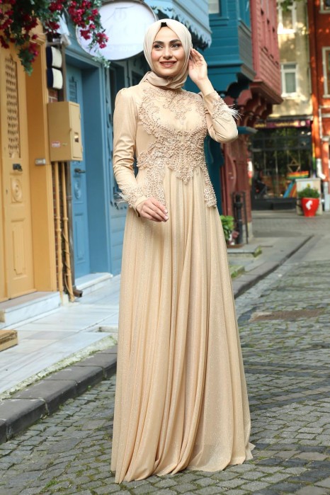 PEARL DETAILED GOLD EVENING DRESS