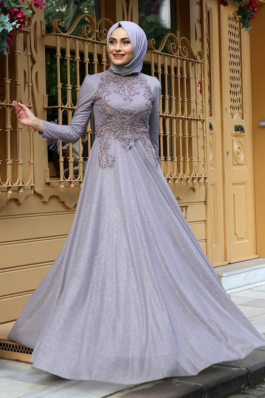PEARL DETAILED GREY EVENING DRESS