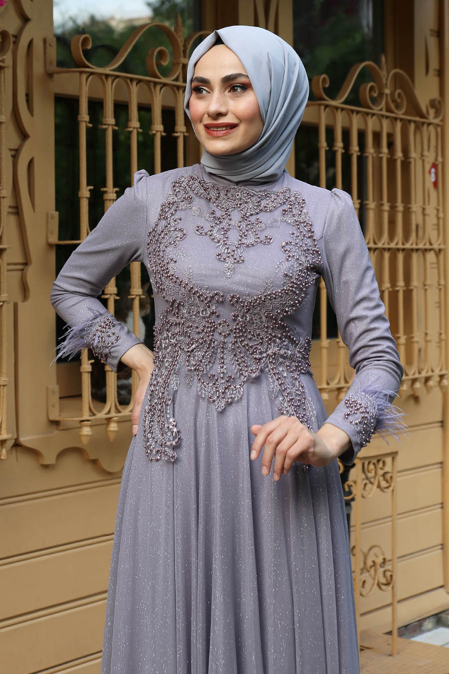 PEARL DETAILED GREY EVENING DRESS