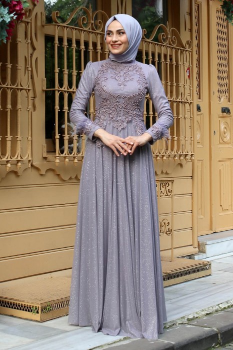 PEARL DETAILED GREY EVENING DRESS