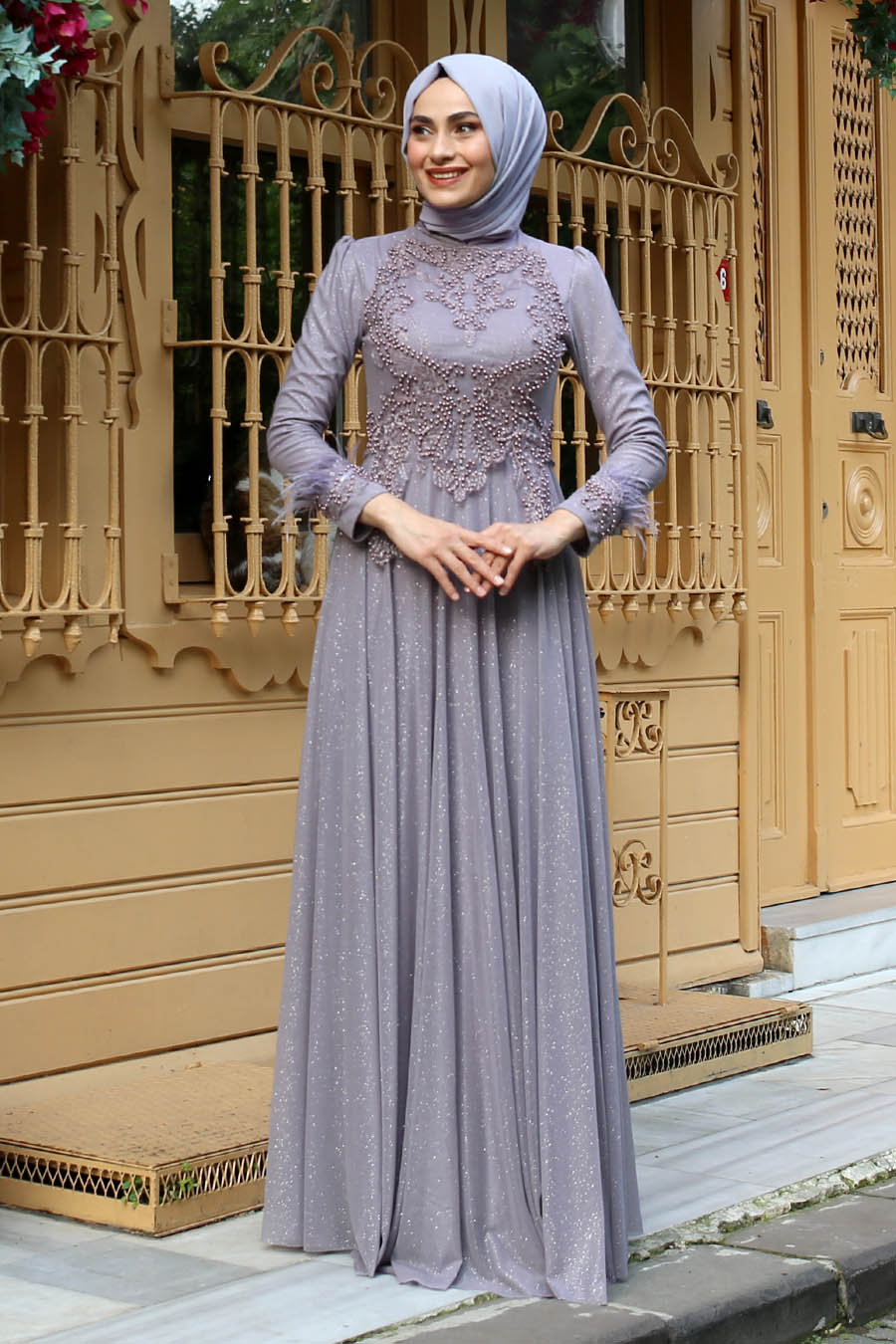 PEARL DETAILED GREY EVENING DRESS