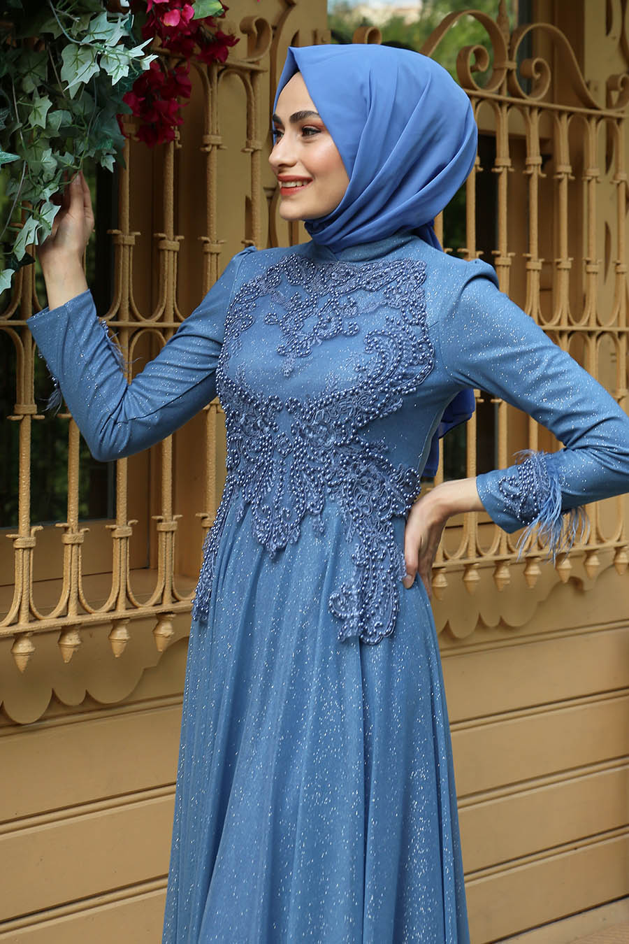 PEARL DETAILED INDIGO EVENING DRESS