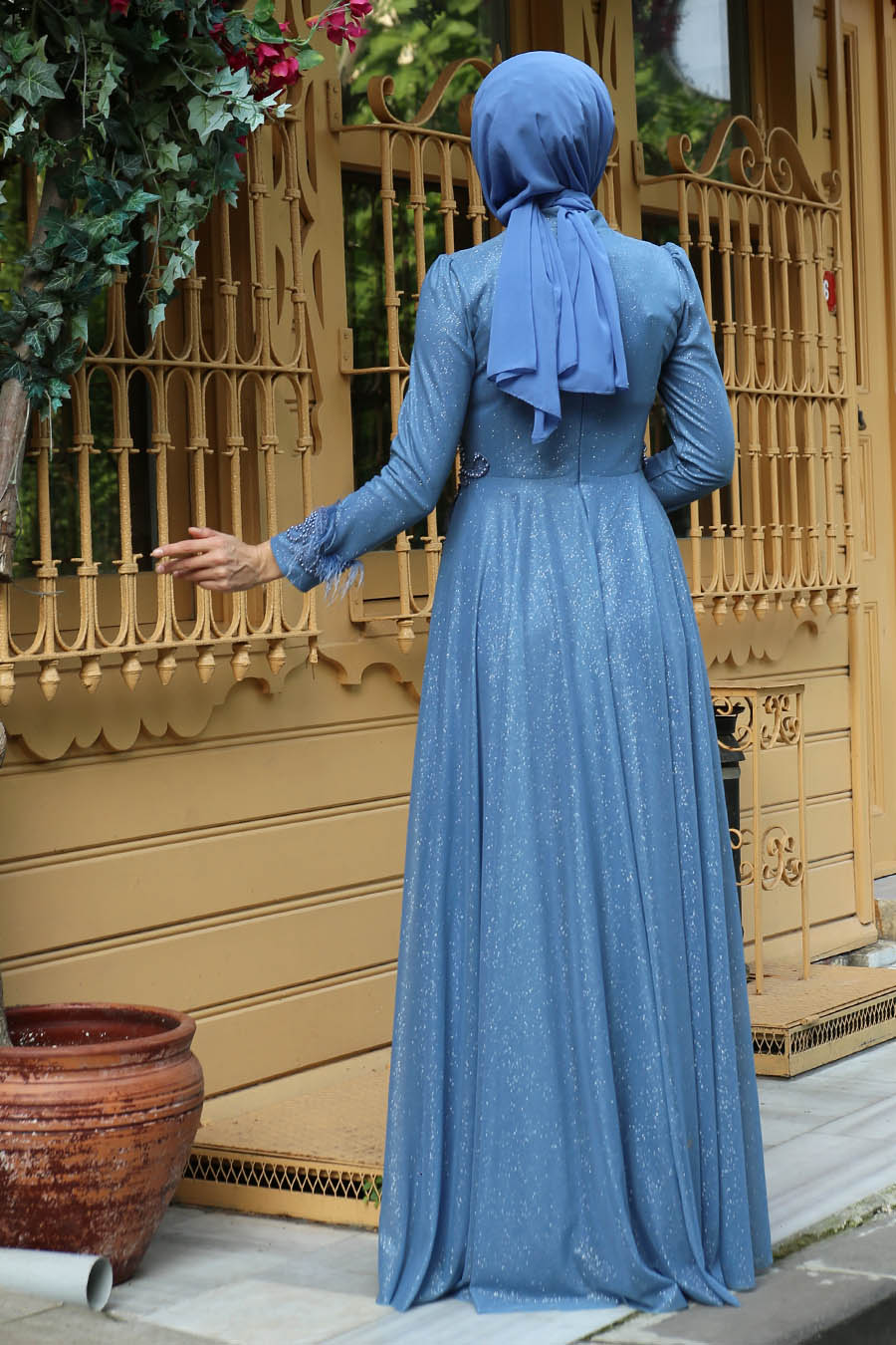 PEARL DETAILED INDIGO EVENING DRESS