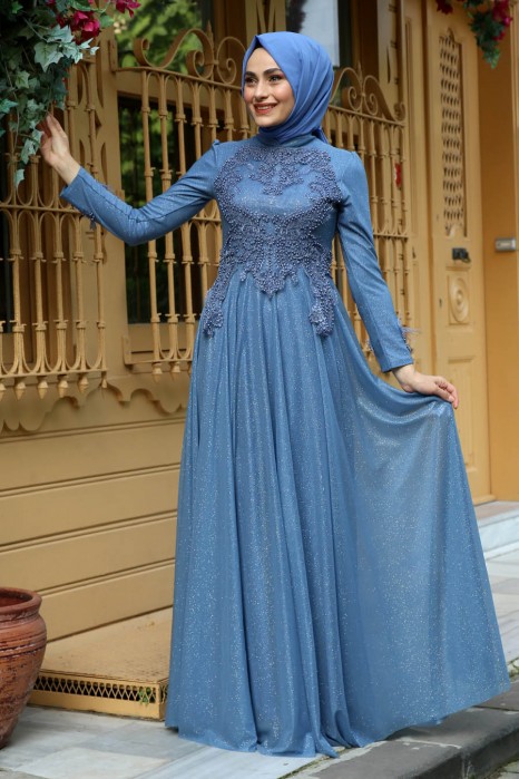 PEARL DETAILED INDIGO EVENING DRESS