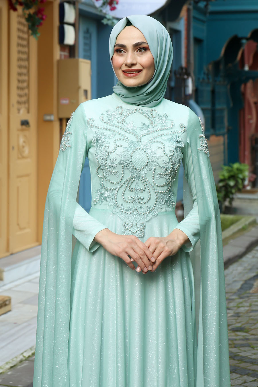 PEARL DETAILED MINT EVENING DRESS