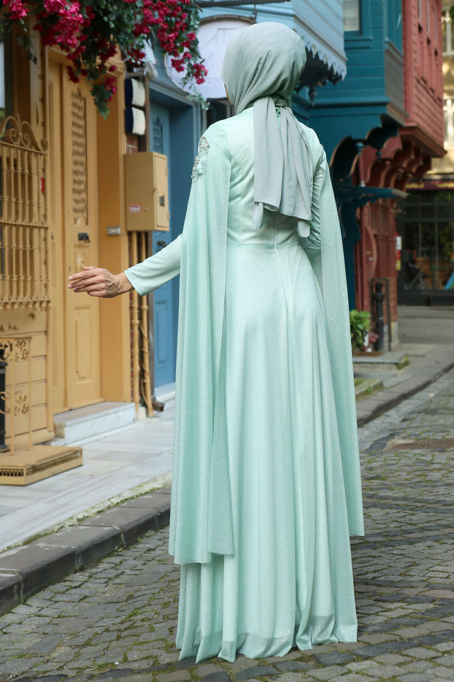 PEARL DETAILED MINT EVENING DRESS