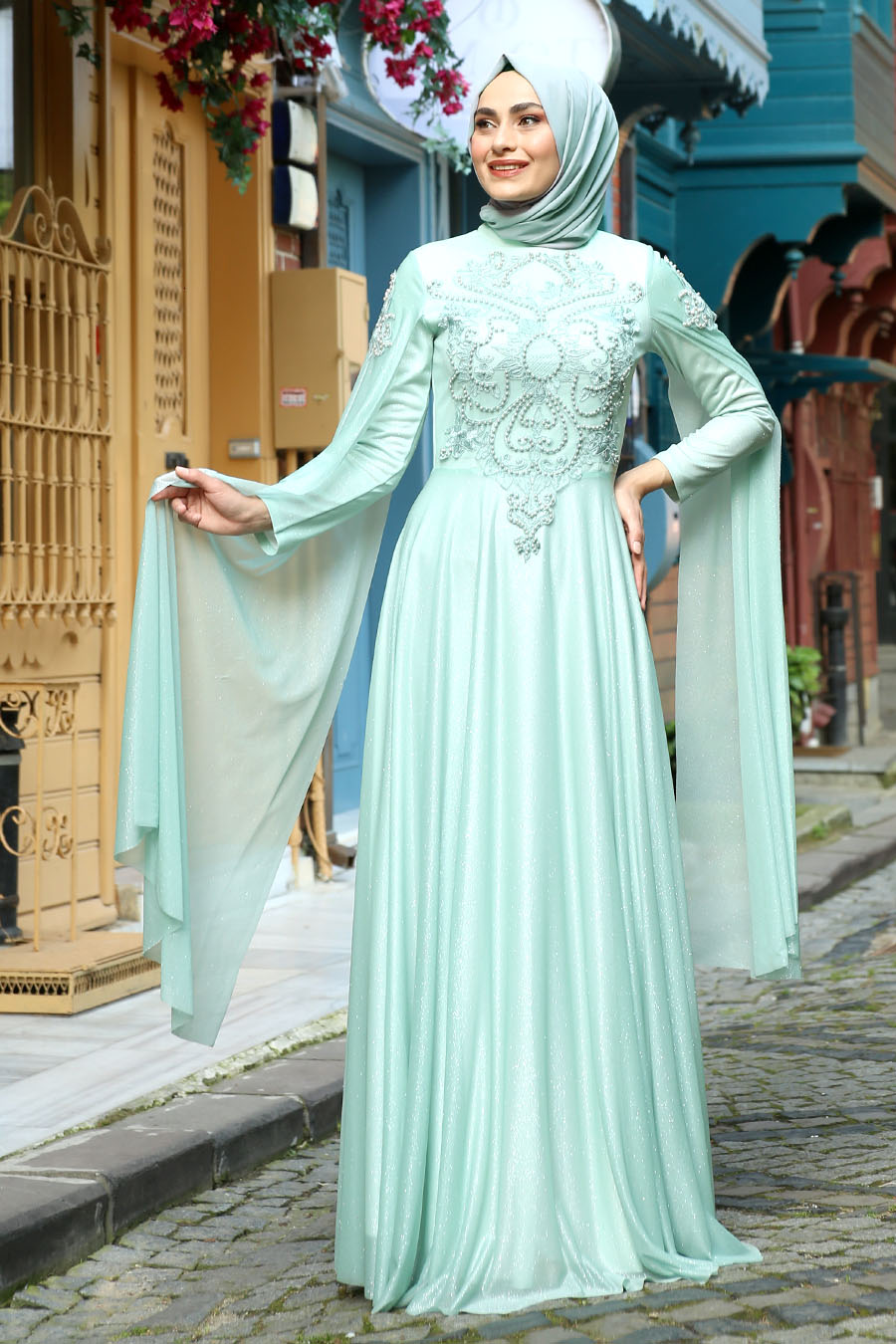 PEARL DETAILED MINT EVENING DRESS