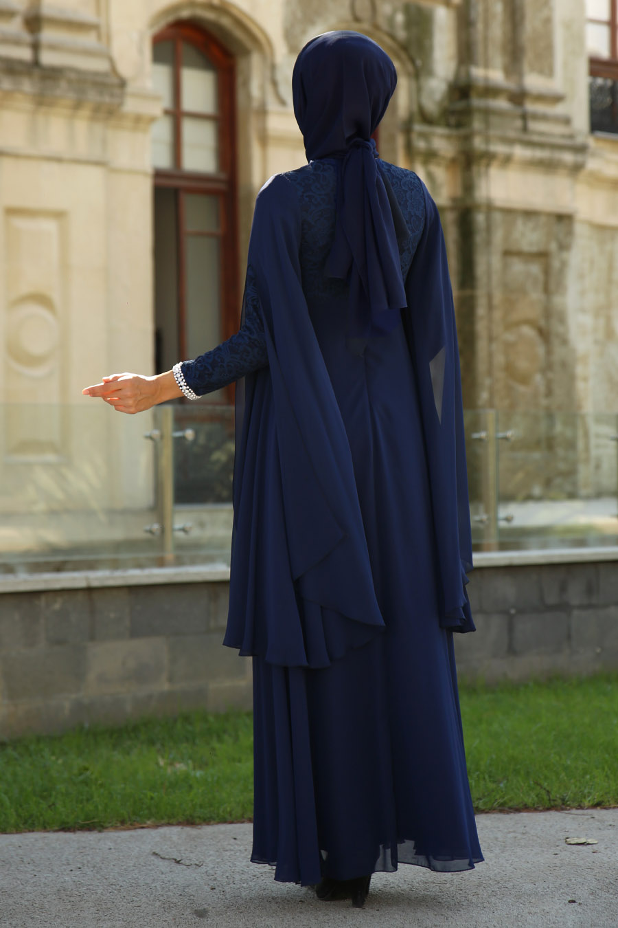 PEARL DETAILED EVENING DRESS - NAVY BLUE 