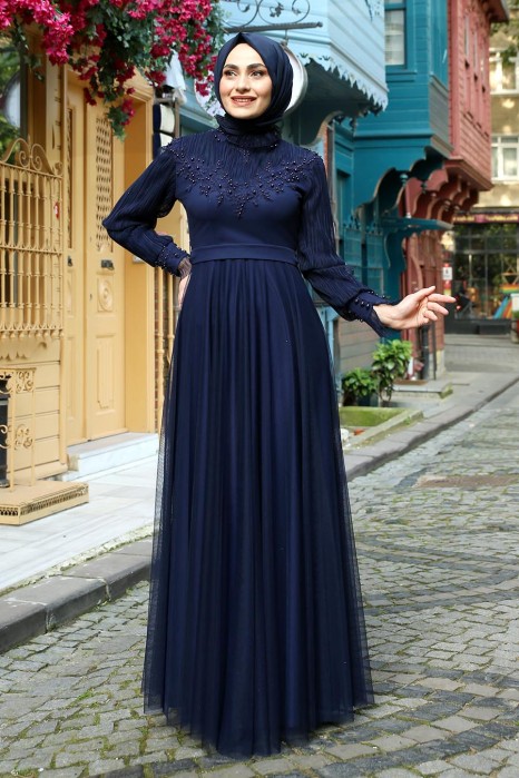 PEARL DETAILED NAVY BLUE EVENING DRESS