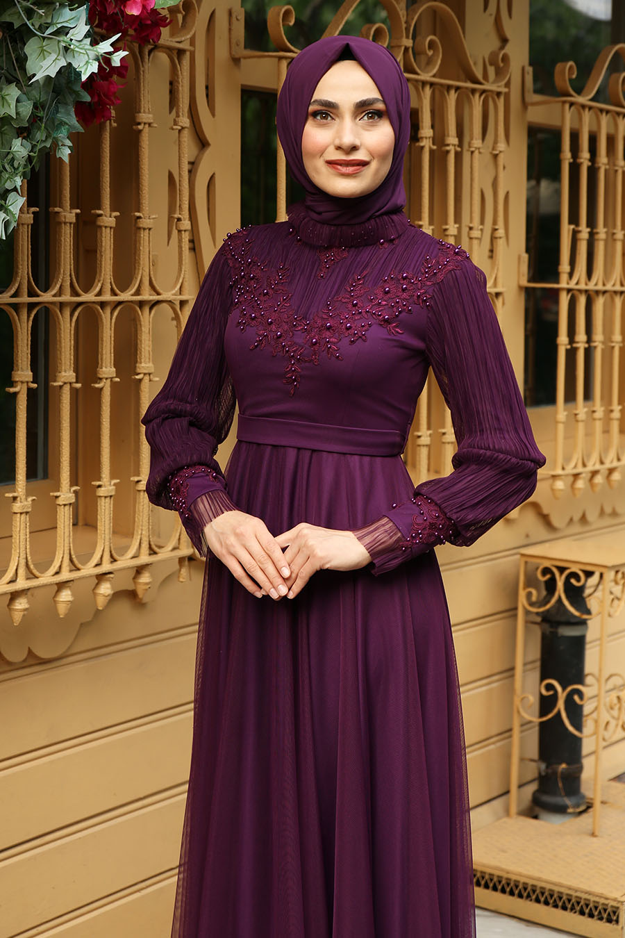 PEARL DETAILED PURPLE EVENING DRESS