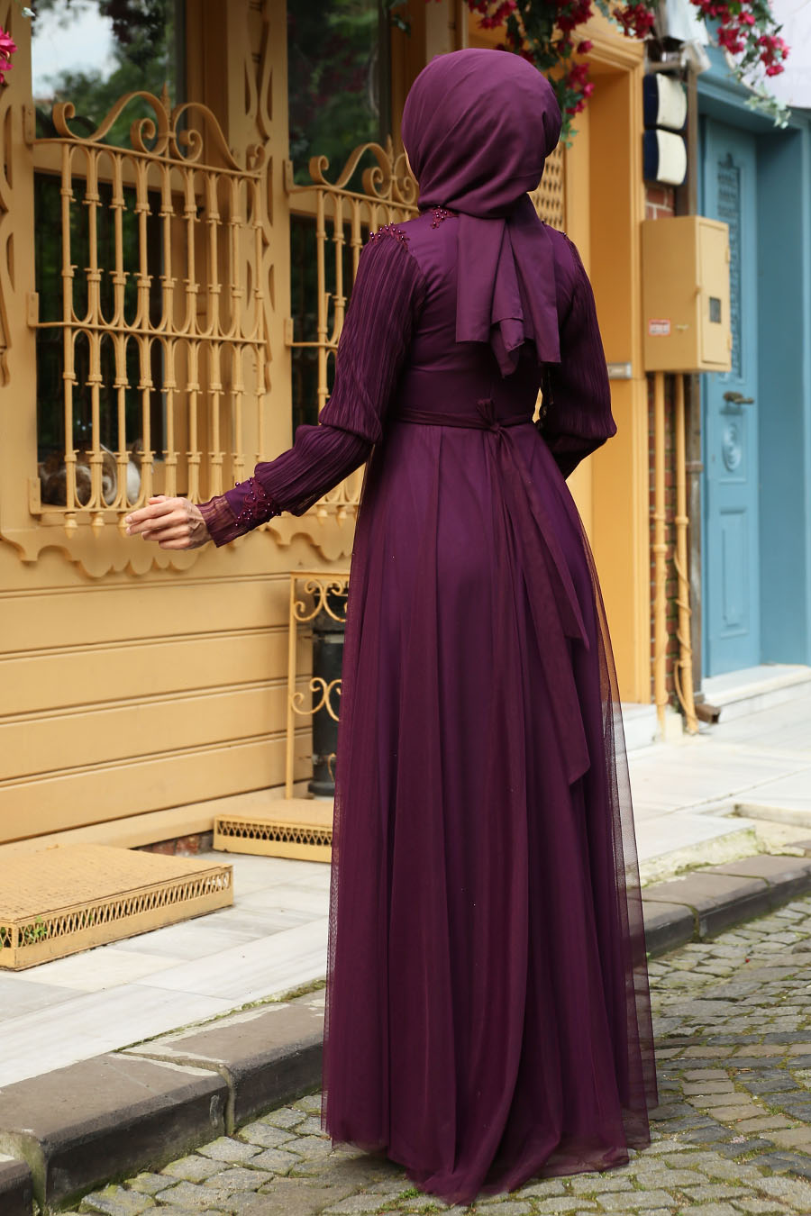 PEARL DETAILED PURPLE EVENING DRESS