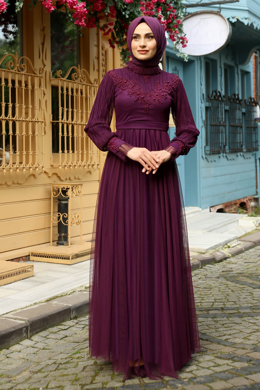 PEARL DETAILED PURPLE EVENING DRESS
